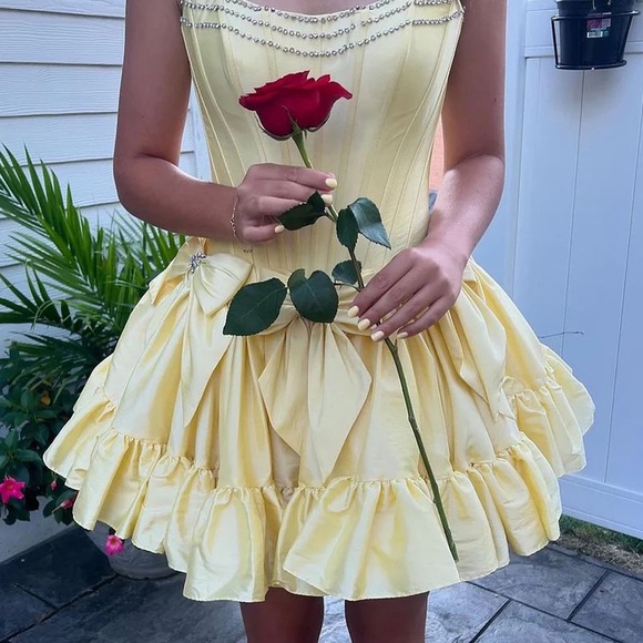 Sherri Hill Yellow Strapless Mini Dress with Bows and Rhinestones - Picture 8 of 11